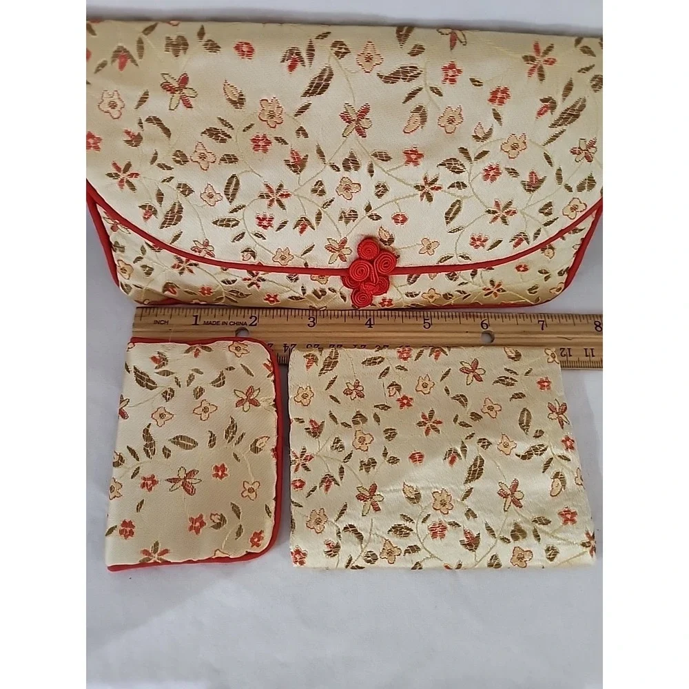 Floral Brocade 3pc Set Clutch Tissue Holder Coin Purse Cream Red Gold Trim